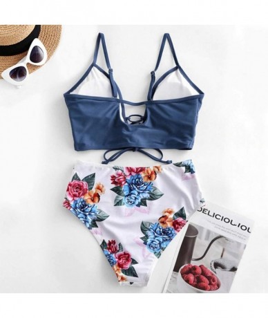 Sets Women's Sexy Mid Waisted Bikini Set Lace Up Two Piece Swimsuits - Blue B - CO196DGUKZX $29.04