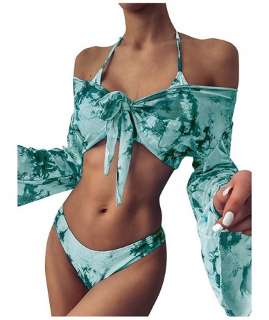 Sets Women's 3 Pieces Tie-Dye Print Knot Front Crop Off-Shoulder High Cut Bandeau Bikini Bathing Suit + Long Sleeve Cove-Up -...