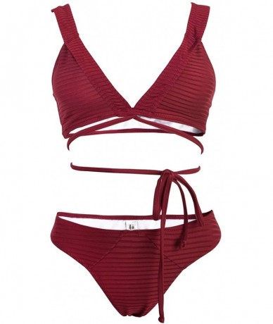 Sets Women's Deep Red Bathing Suit V Neck Textured Two Piece Bikini Set - Red - C018WC9IHKG $49.84