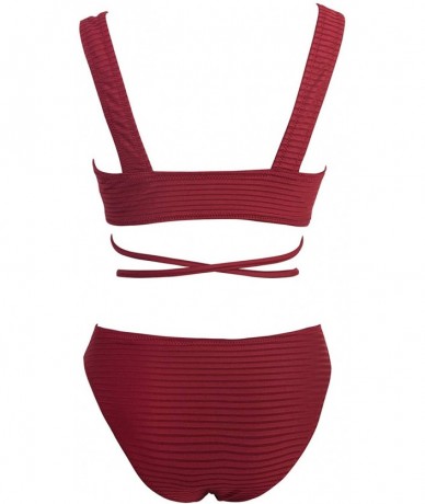 Sets Women's Deep Red Bathing Suit V Neck Textured Two Piece Bikini Set - Red - C018WC9IHKG $49.84