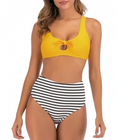 Sets Women's High Waisted Bikini Set Tie Knot Front Two Piece Swimsuits Bathing Suits - Yellow - C0194EEAOHW $46.67