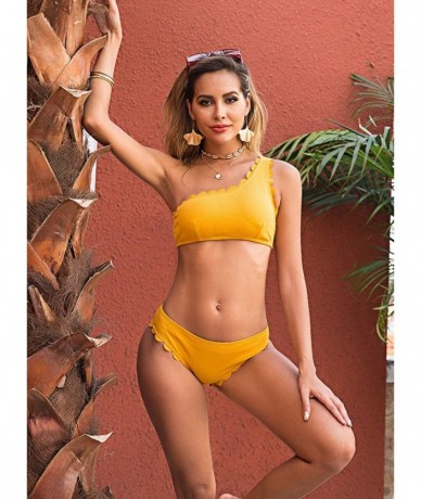 One-Pieces Women's Swimsuits One Shoulder Scalloped Bikini Two Piece Bathing Suits - Yellow - C618TDKD6MH $50.33