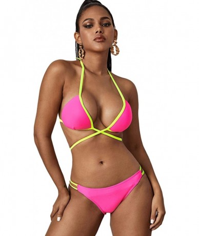 Sets Women's Tie Side Bottom Swimsuits Criss Cross Halter Triangle Bikini Set - Hot Pink - CD194Z2IIM5 $29.24