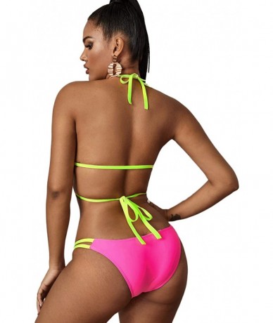 Sets Women's Tie Side Bottom Swimsuits Criss Cross Halter Triangle Bikini Set - Hot Pink - CD194Z2IIM5 $29.24