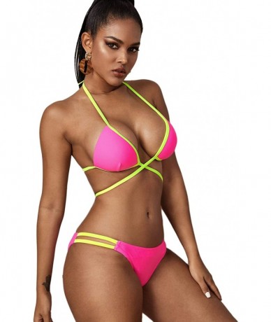 Sets Women's Tie Side Bottom Swimsuits Criss Cross Halter Triangle Bikini Set - Hot Pink - CD194Z2IIM5 $29.24