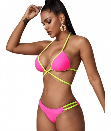 Sets Women's Tie Side Bottom Swimsuits Criss Cross Halter Triangle Bikini Set - Hot Pink - CD194Z2IIM5 $29.24