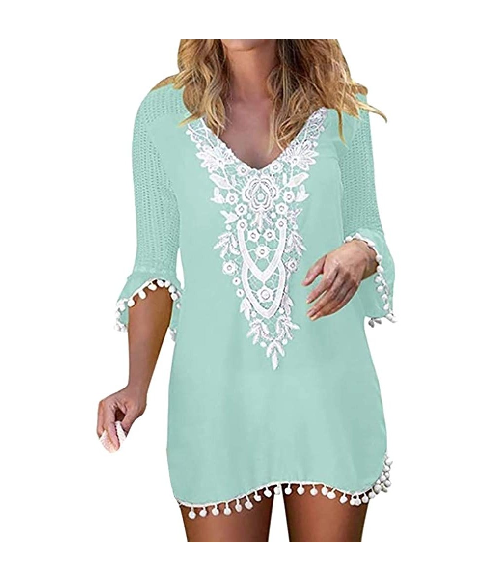 Cover-Ups Women's Summer Swimsuit Cover Up Lace Crochet Bikini Pom Pom Trim Swimwear Beach Coverups Tunic Cover Up Dress Gree...