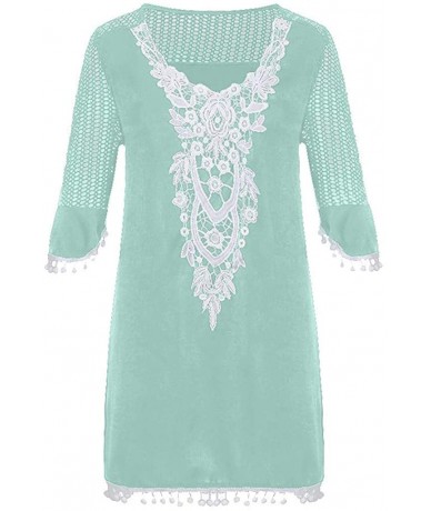 Cover-Ups Women's Summer Swimsuit Cover Up Lace Crochet Bikini Pom Pom Trim Swimwear Beach Coverups Tunic Cover Up Dress Gree...