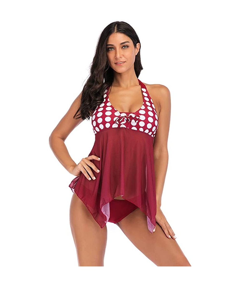 Tankinis Women's Polka Dots Halter Mesh Swing Top Tankini Swimsuit - Red - C818TED24N2 $33.72