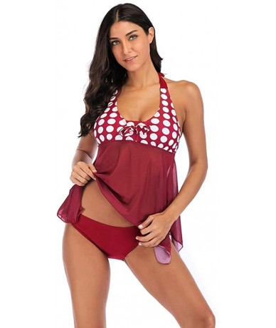 Tankinis Women's Polka Dots Halter Mesh Swing Top Tankini Swimsuit - Red - C818TED24N2 $33.72