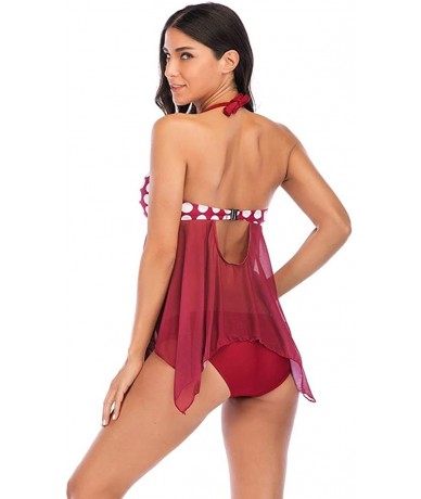 Tankinis Women's Polka Dots Halter Mesh Swing Top Tankini Swimsuit - Red - C818TED24N2 $33.72