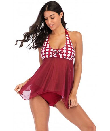 Tankinis Women's Polka Dots Halter Mesh Swing Top Tankini Swimsuit - Red - C818TED24N2 $33.72