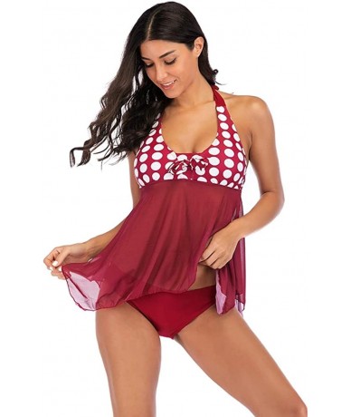 Tankinis Women's Polka Dots Halter Mesh Swing Top Tankini Swimsuit - Red - C818TED24N2 $33.72