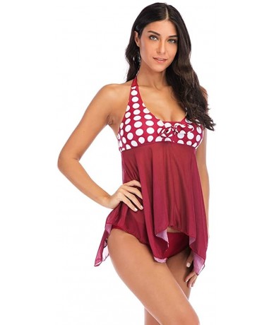 Tankinis Women's Polka Dots Halter Mesh Swing Top Tankini Swimsuit - Red - C818TED24N2 $33.72