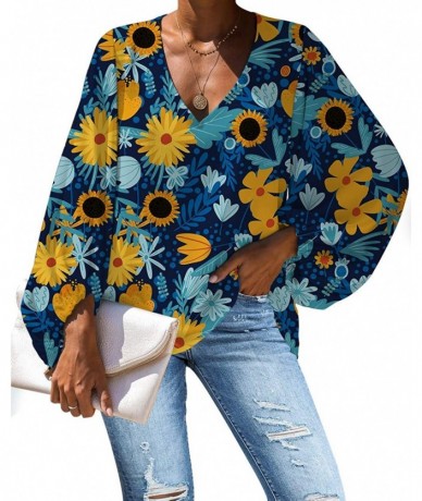 Cover-Ups Deep V Neck Tops and Blouses for Work Sunflower Cover Up Batwing Long Sleeve Loose Shirts - Sunflower 14 - CP1932G9...