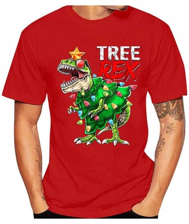 Rash Guards Mens Shirt Christmas Dinosaur Printed Classics Short Sleeve T-Shirt Tops - Red 2 - CX192OI8TGA $30.60