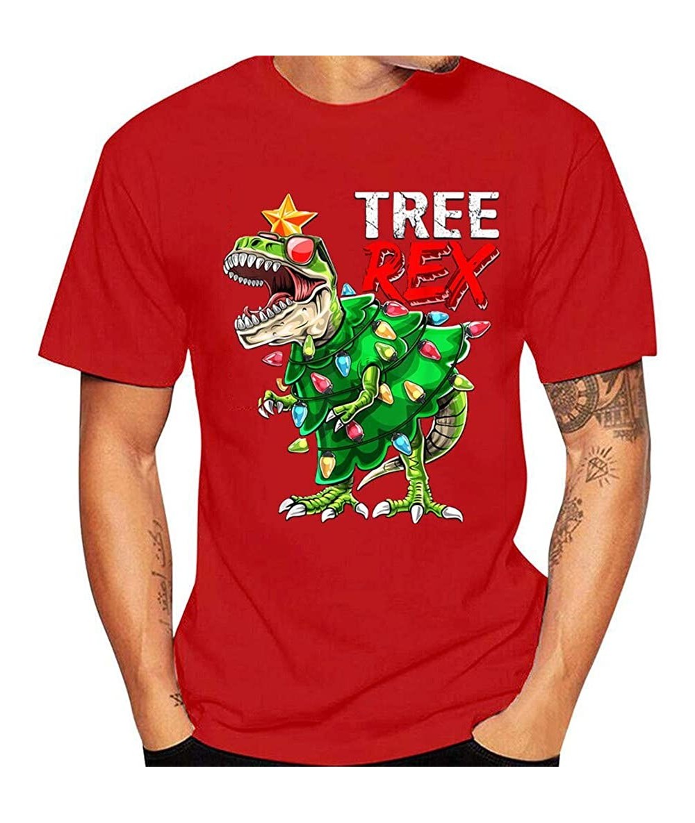 Rash Guards Mens Shirt Christmas Dinosaur Printed Classics Short Sleeve T-Shirt Tops - Red 2 - CX192OI8TGA $30.60