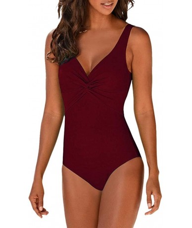 Racing One Piece Swimsuits Control Swimwear Slimming Monokini Bathing Suits for Women Backless V Neck Swimsuit - Wine - CE18T...