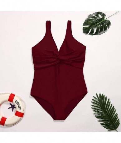 Racing One Piece Swimsuits Control Swimwear Slimming Monokini Bathing Suits for Women Backless V Neck Swimsuit - Wine - CE18T...