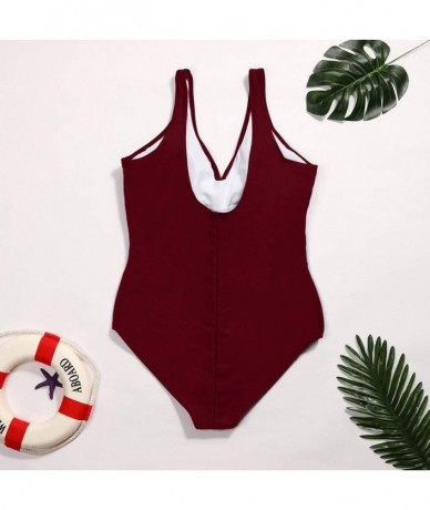 Racing One Piece Swimsuits Control Swimwear Slimming Monokini Bathing Suits for Women Backless V Neck Swimsuit - Wine - CE18T...