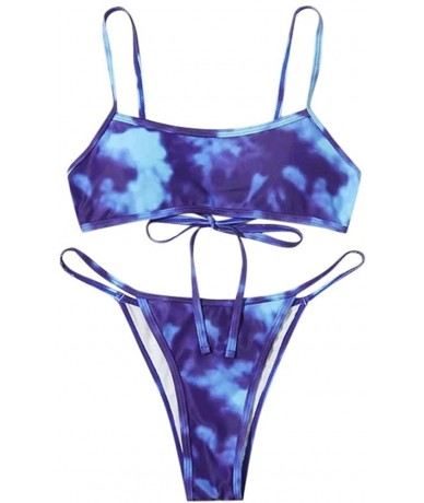 Sets Women's Sexy Tie-Dye Bikini Set High Cut Leg Print Two Piece Swimsuit Sport Bandeau Bathing Suits - Blue - CW199Y3A6HD $...