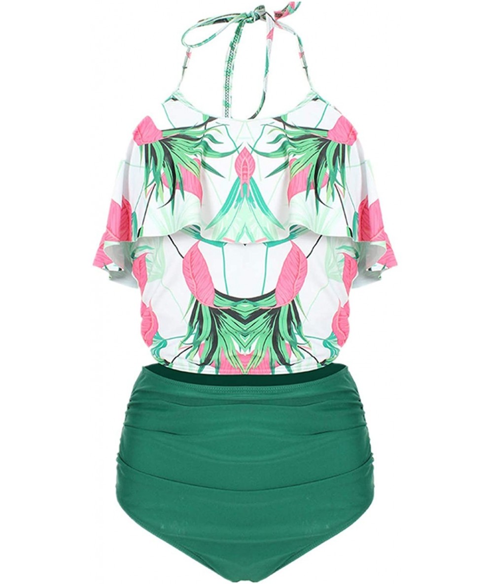 Tankinis Women Floral Print High Waisted Swimsuits Tummy Control Two Piece Tankini with Push Up(S-5XL)(FBA) - Green2 - CN18UW...