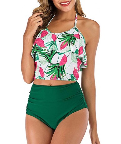 Tankinis Women Floral Print High Waisted Swimsuits Tummy Control Two Piece Tankini with Push Up(S-5XL)(FBA) - Green2 - CN18UW...