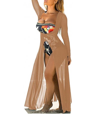 Cover-Ups Women's Long Sleeve Mesh See Through Slit Split Maxi Dress Long Cover Up - Khaki - C7184XDUN5M $30.55