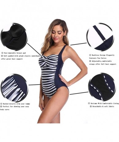 One-Pieces Womens Tummy Control One Piece Swimsuits Striped Halter Bathing Suits Slimming Ruched Vintage Swimwear - Navy2 - C...