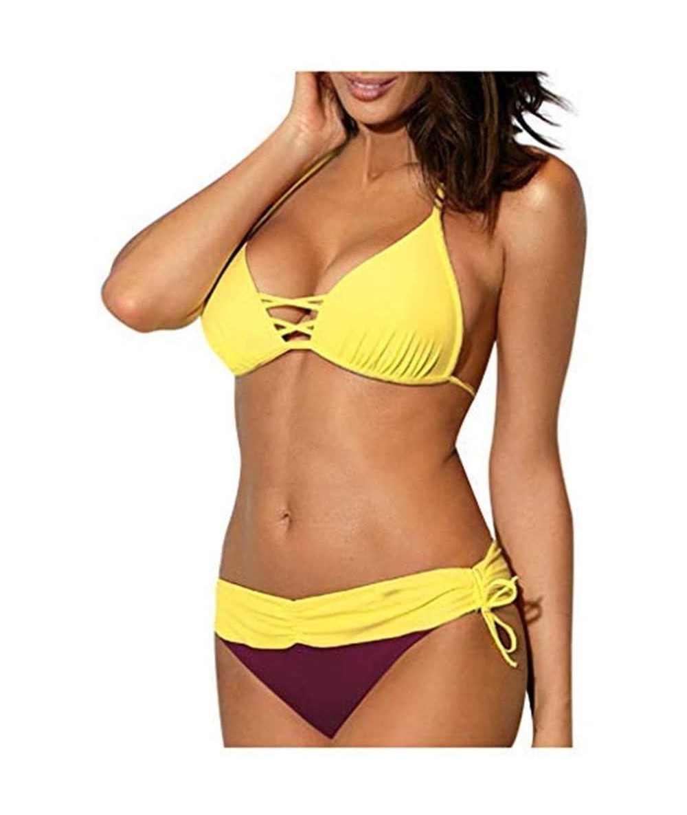 Bottoms Women's Swimsuit Halter Halter Strap Solid Print Bikini Set(A8-Yellow-M) - A8-yellow - CB196U8UZUR $24.97