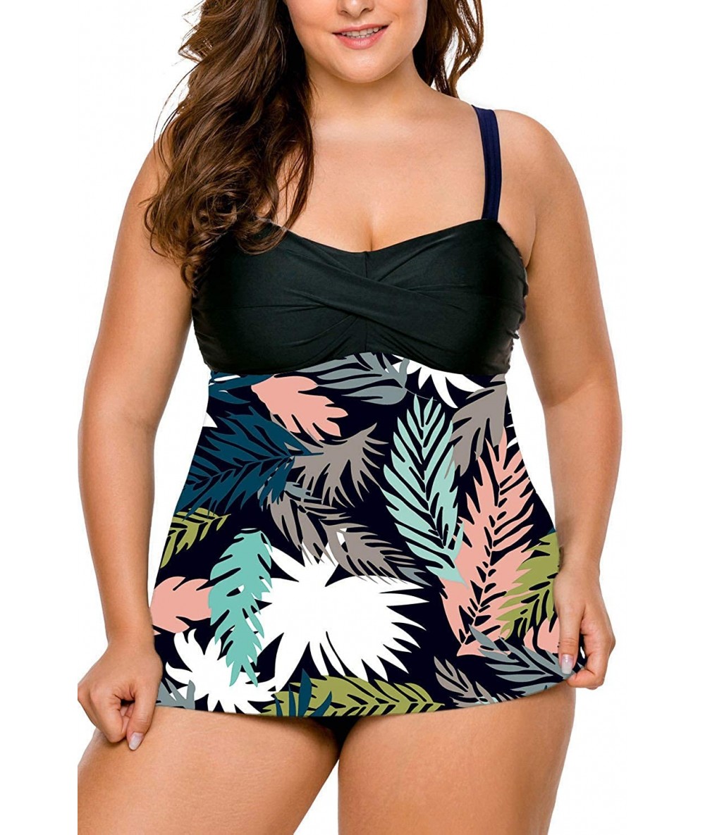 Sets Women's Straps Swimdress Plus Size Two Pieces Tankini Bikini Set - Black Flo-5 - CP1993S2H9N $49.73