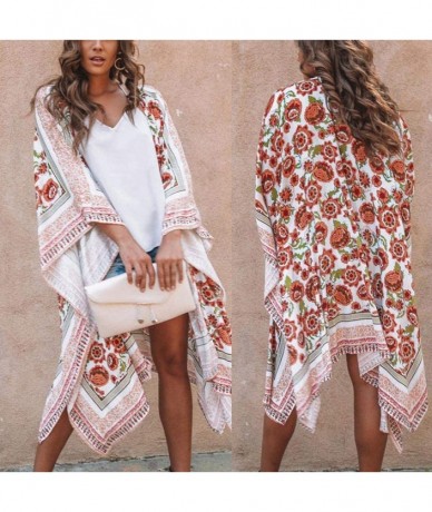 Cover-Ups Women's Sheer Kimono Cardigan Bohemian Beach Cover Ups Swimsuit Tops Outwear - Red - CE18NET6MWS $29.84