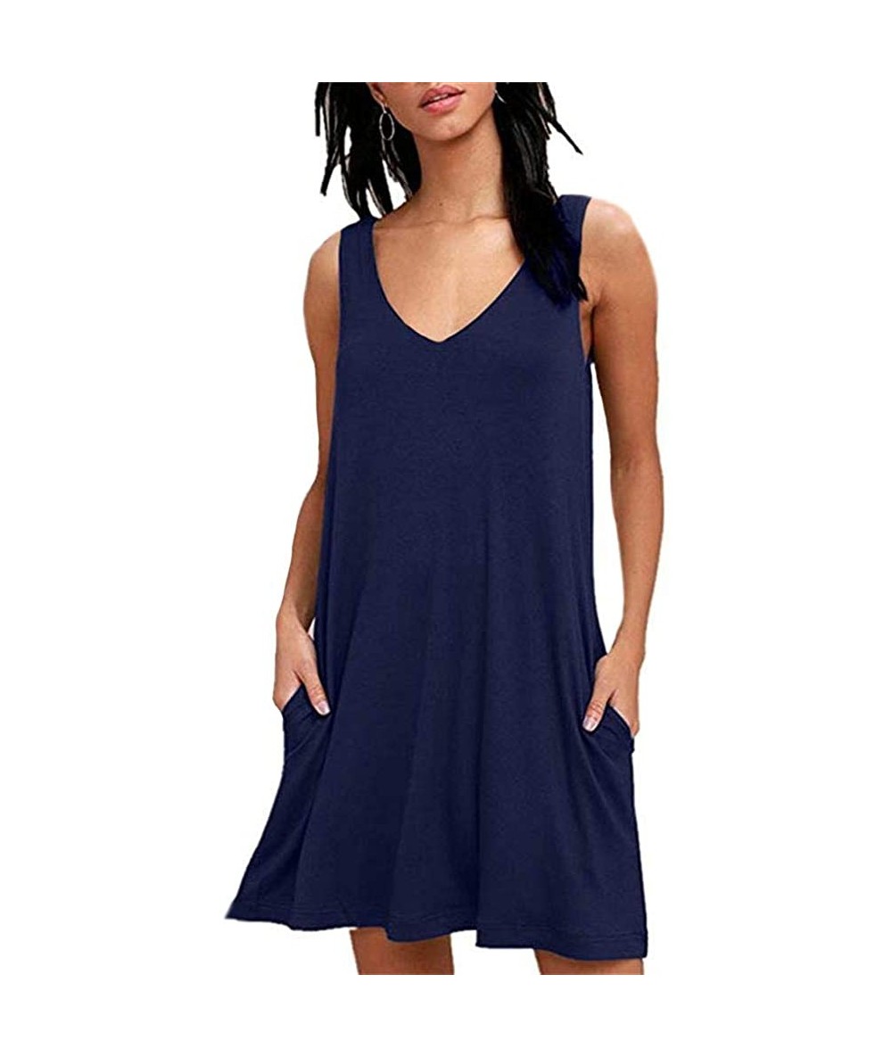 Cover-Ups Women Summer Casual T Shirt Dresses Beach Cover up Plain Pleated Tank Dress - 001 Navy - C418RDYZ0DL $31.81