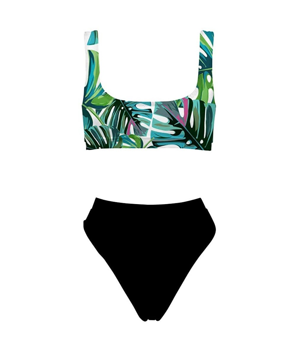 Sets Womens Swimsuit Beach Swimwear Bikini Bathing Suit Two Piece Tropical Plants Pattern - Palm Leaf-2 - C618QKTT78G $60.31