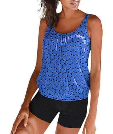 Racing Womens Plus Size Bikini Swimwear Two Piece Polka Dot Printed Loose Tank Vest Tops with Solid Color Boyshorts Dark Blue...