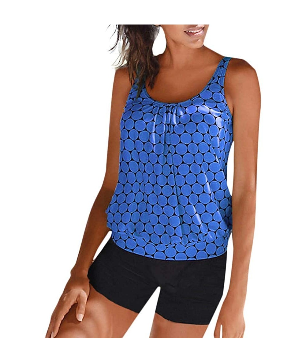 Racing Womens Plus Size Bikini Swimwear Two Piece Polka Dot Printed Loose Tank Vest Tops with Solid Color Boyshorts Dark Blue...