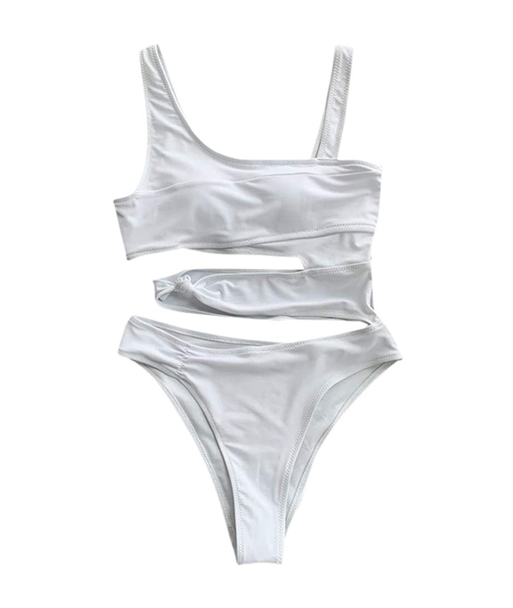 Tops Womens Cutout One Piece Swimsuit Solid Color Bathing Suit Padded Swimwear Monokini - White - CS193Y587LN $28.90