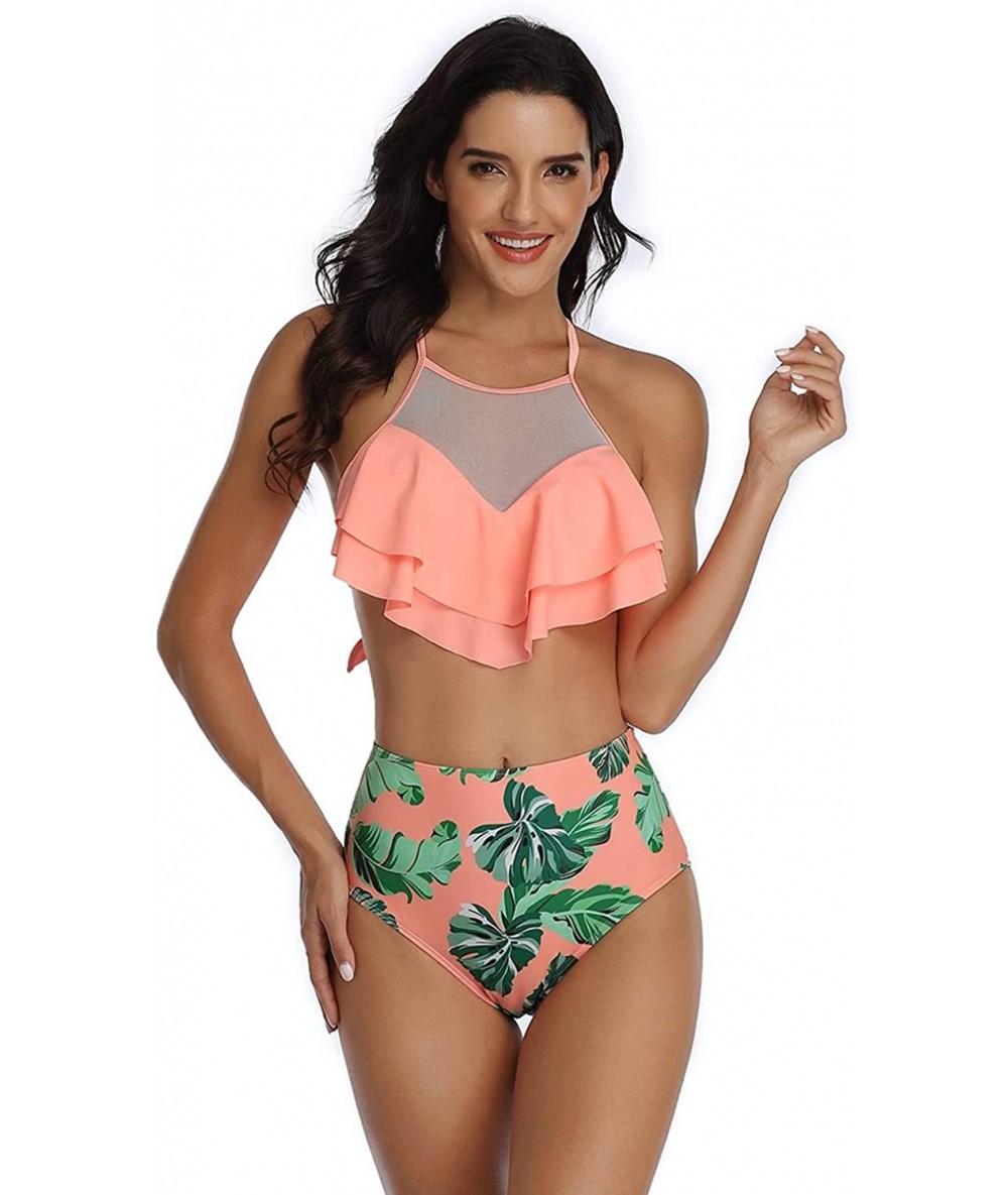 Sets Women's High Neck Two Piece Bathing Suits Top Ruffled High Waist Swimsuit Tankini Bikini Sets - Pink+leaves - CK19D80SU3...