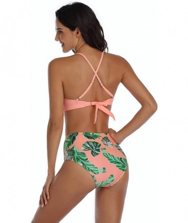 Sets Women's High Neck Two Piece Bathing Suits Top Ruffled High Waist Swimsuit Tankini Bikini Sets - Pink+leaves - CK19D80SU3...