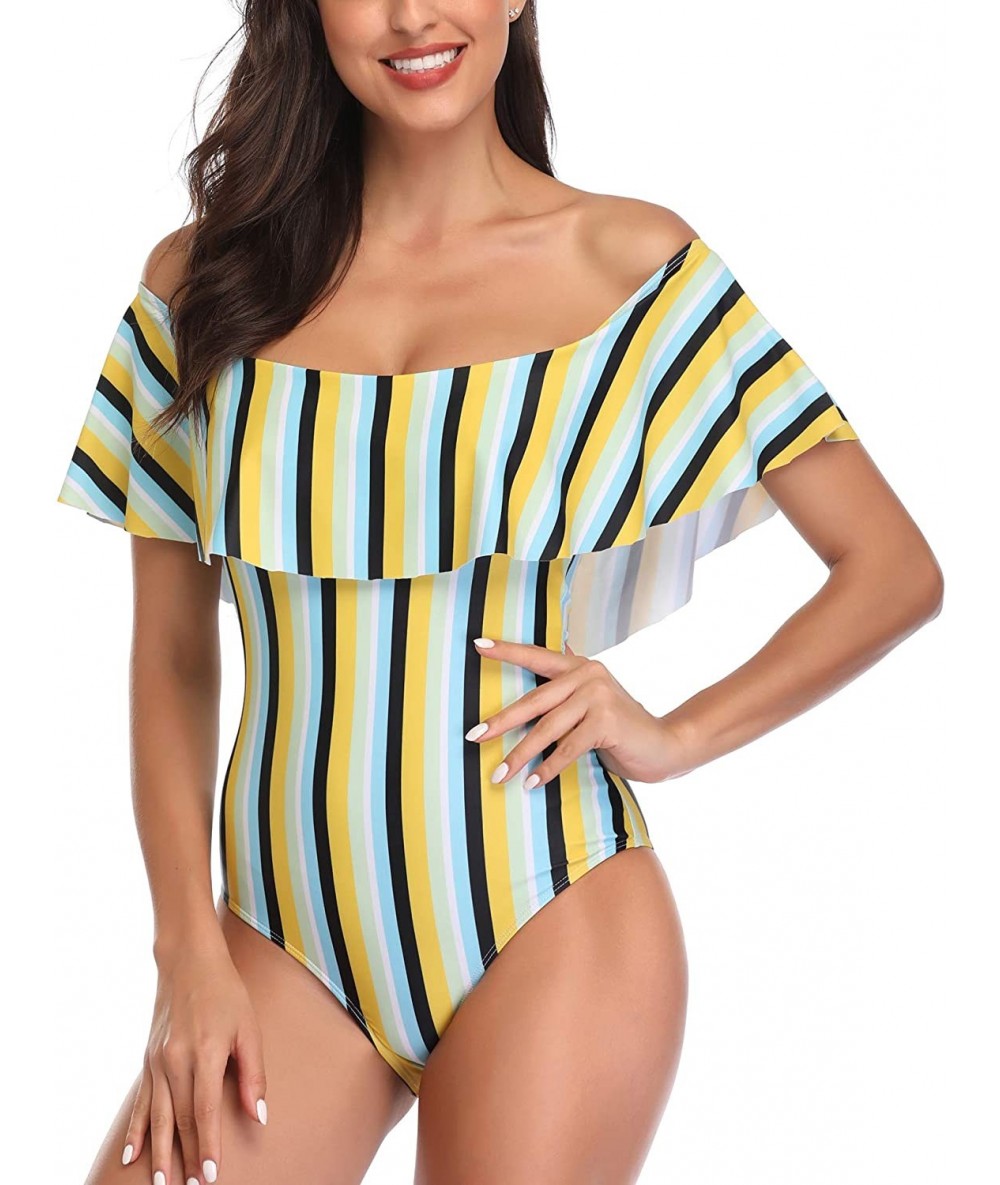 Cover-Ups Women's Colorful Stripe One Piece Swimsuits One Shoulder Swimwear Asymmetric Ruffle Monokinis Bathing Suits - Yello...