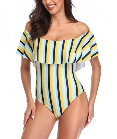 Cover-Ups Women's Colorful Stripe One Piece Swimsuits One Shoulder Swimwear Asymmetric Ruffle Monokinis Bathing Suits - Yello...