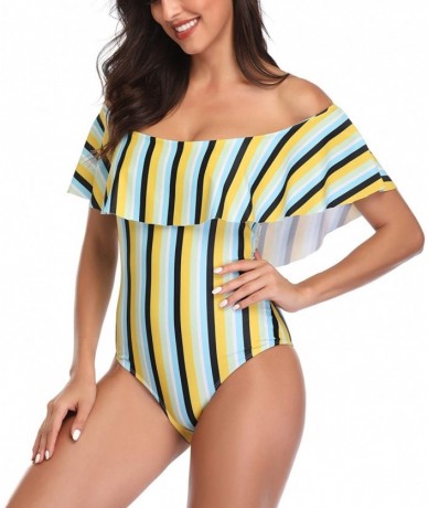 Cover-Ups Women's Colorful Stripe One Piece Swimsuits One Shoulder Swimwear Asymmetric Ruffle Monokinis Bathing Suits - Yello...