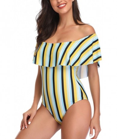 Cover-Ups Women's Colorful Stripe One Piece Swimsuits One Shoulder Swimwear Asymmetric Ruffle Monokinis Bathing Suits - Yello...