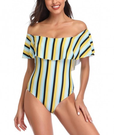 Cover-Ups Women's Colorful Stripe One Piece Swimsuits One Shoulder Swimwear Asymmetric Ruffle Monokinis Bathing Suits - Yello...