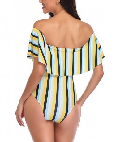 Cover-Ups Women's Colorful Stripe One Piece Swimsuits One Shoulder Swimwear Asymmetric Ruffle Monokinis Bathing Suits - Yello...