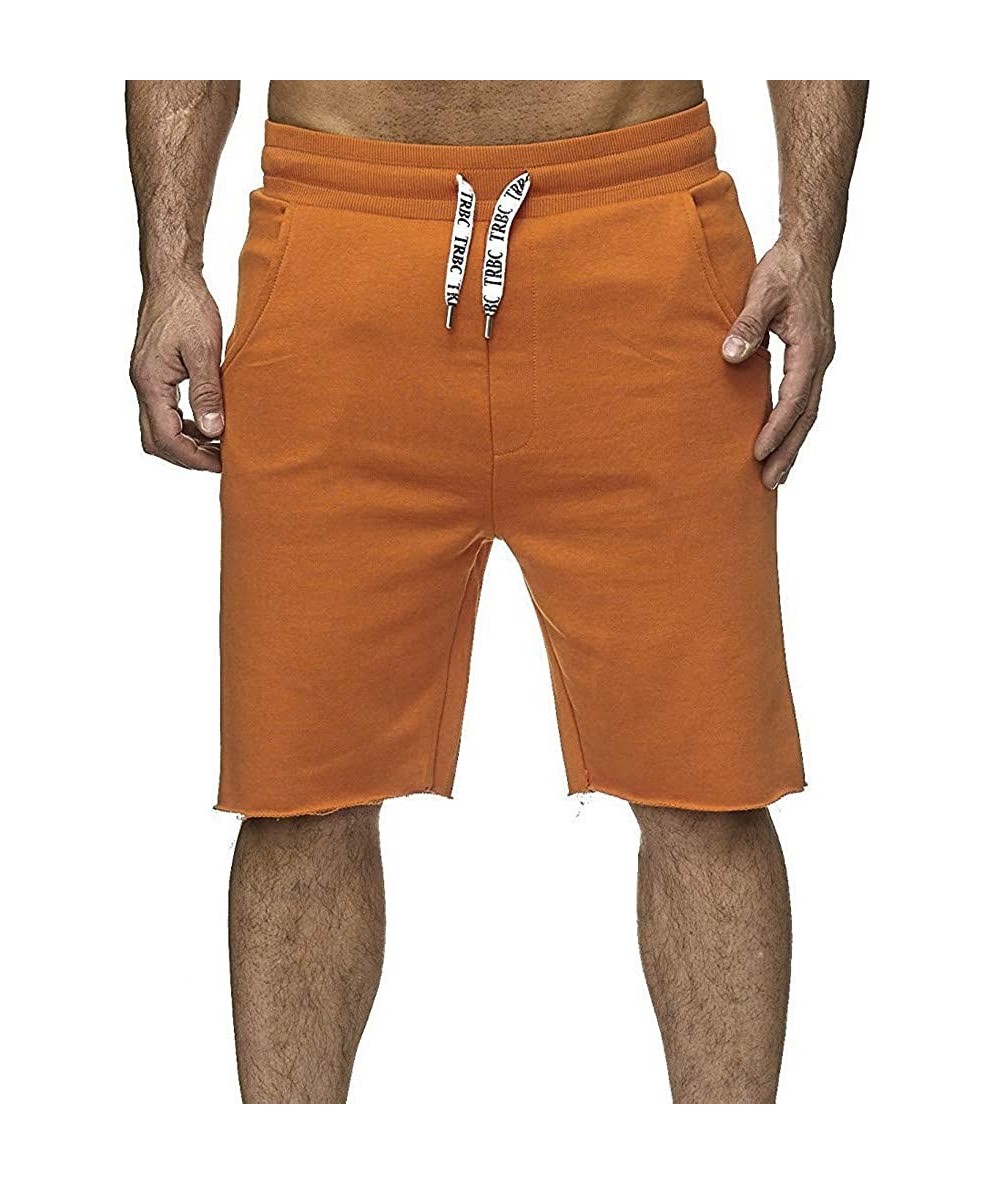 Trunks Men Solid Causal Beach Shorts Elastic Waist Drawstring Lightweight Slim Fit Summer Twill Pants with Pocket - Orange - ...