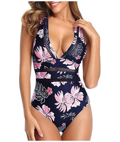 One-Pieces Swimwuit One Piece Deep V-Neck Mesh Swimwear Push-Up Retro Printed Bikini Suit(S-XL) - Pink - C7193YQDXAO $32.82