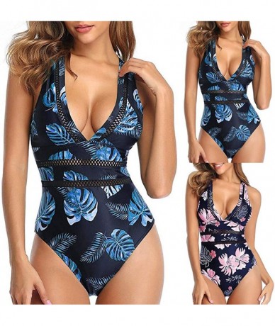 One-Pieces Swimwuit One Piece Deep V-Neck Mesh Swimwear Push-Up Retro Printed Bikini Suit(S-XL) - Pink - C7193YQDXAO $32.82