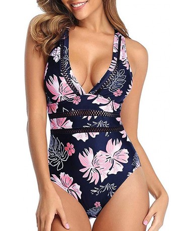 One-Pieces Swimwuit One Piece Deep V-Neck Mesh Swimwear Push-Up Retro Printed Bikini Suit(S-XL) - Pink - C7193YQDXAO $32.82