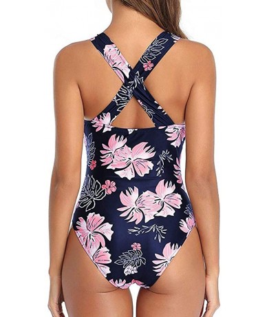 One-Pieces Swimwuit One Piece Deep V-Neck Mesh Swimwear Push-Up Retro Printed Bikini Suit(S-XL) - Pink - C7193YQDXAO $32.82